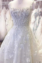 Exquisite Spaghetti Strap Sleeveless A-Line Lace Wedding Dresses with Pattern