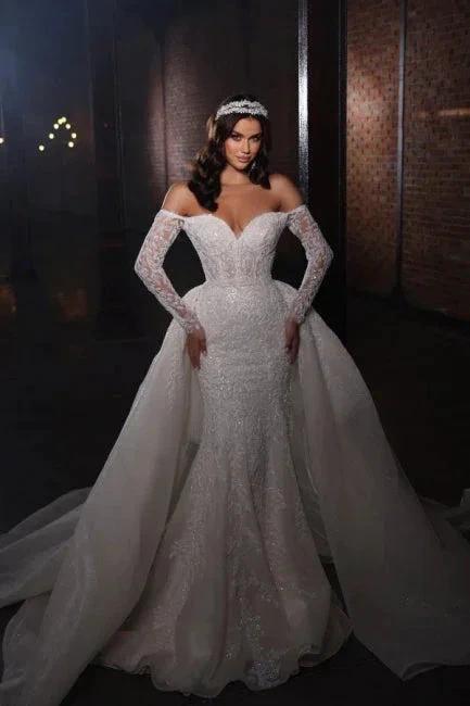 Extravagant A-line Off-the-shoulder Lace Mermaid Wedding Dresses with Sleeves