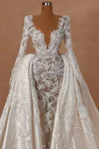 Extravagant Long A-line V-neck Lace Satin Long Sleeves Wedding Dress with Detachable Train