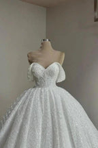Extravagant Long White A-line Off-the-shoulder Lace Wedding Dress with Pearls