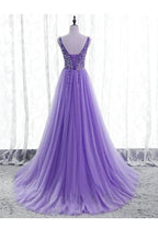 Purple Beaded V-neckline Tulle Sparkle Party Dress Evening Dress Purple Tulle Prom Dress Y1008