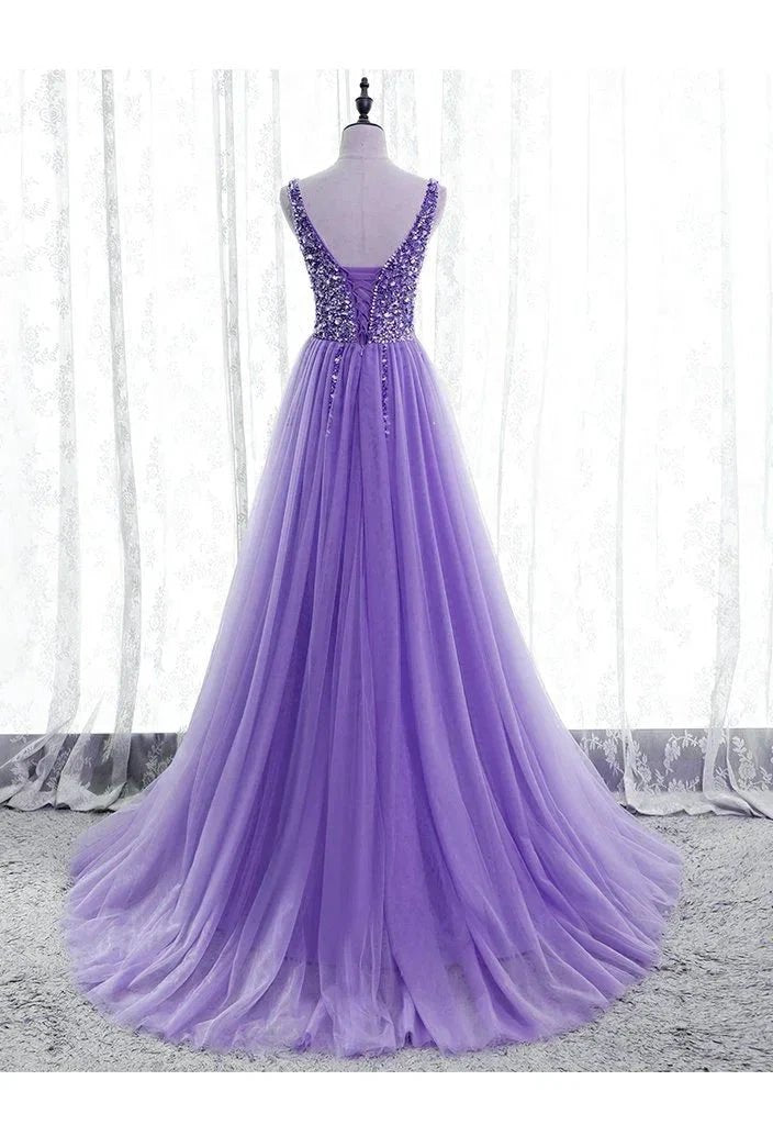 Purple Beaded V-neckline Tulle Sparkle Party Dress Evening Dress Purple Tulle Prom Dress Y1008