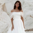 Simple A-Line Bohemian Bridal Dresses Women's Sexy Off Shoulder White Pleated Tulle Beach Formal Prom Party Fashion 2023 Wedding