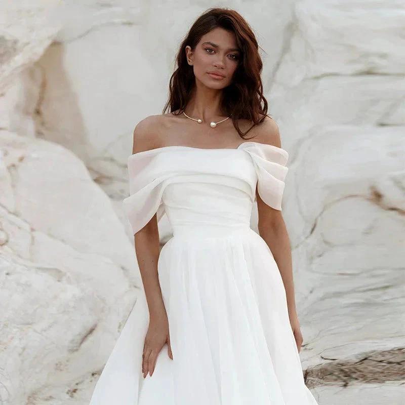 Simple A-Line Bohemian Bridal Dresses Women's Sexy Off Shoulder White Pleated Tulle Beach Formal Prom Party Fashion 2023 Wedding