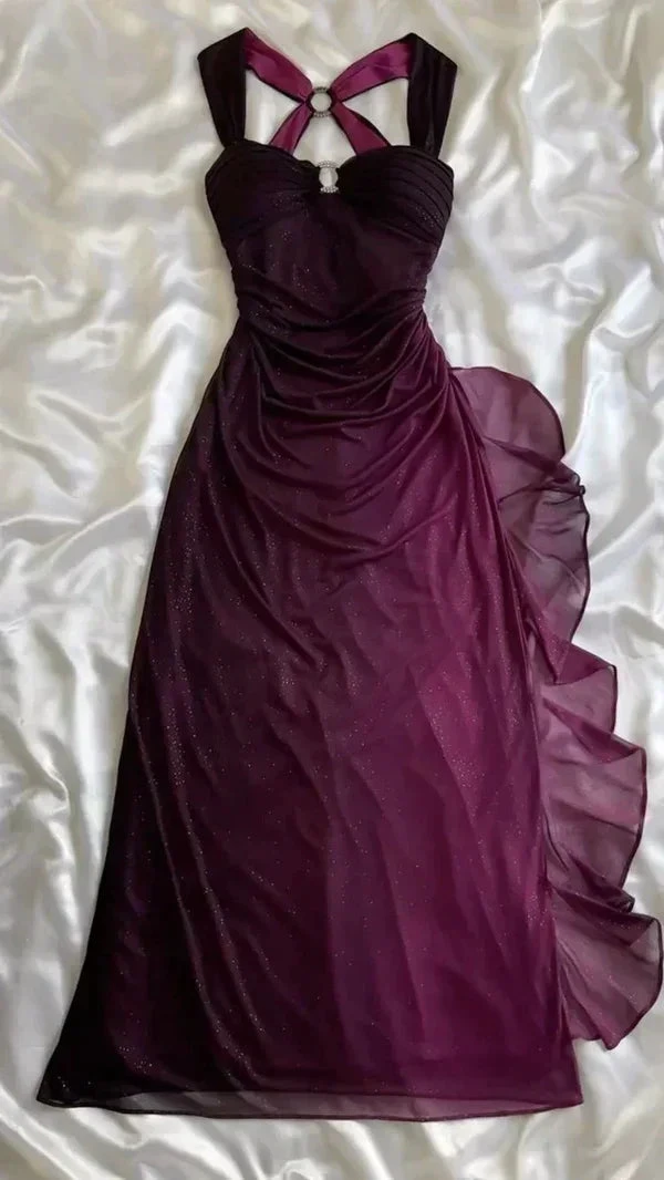 Ombre Grape Purple Chiffon Backless Evening Dress Long Party Prom Gown Y7482