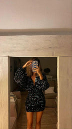 Black Sequin Bodycon Cocktail Dress Sexy Black Short Homecoming Dress Y462