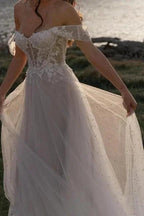 Fabulous A-Line Lace Off-The-Shoulder Sleeveless White Wedding Dress With Ruffles