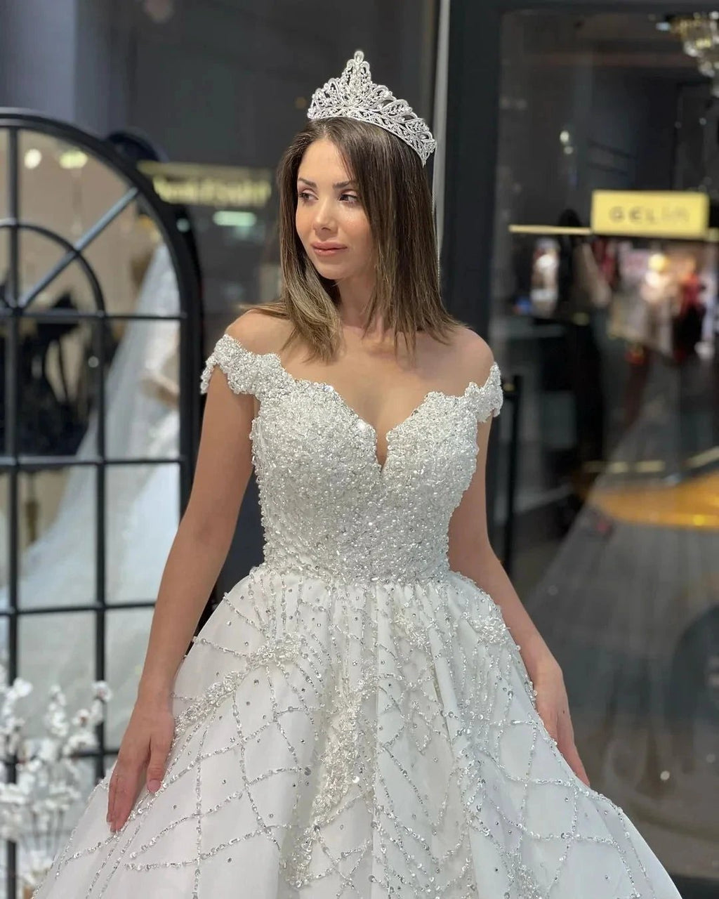 Fabulous Floor Length Sweetheart Off-The-Shoulder A-Line Sequined Wedding Dress with Ruffles