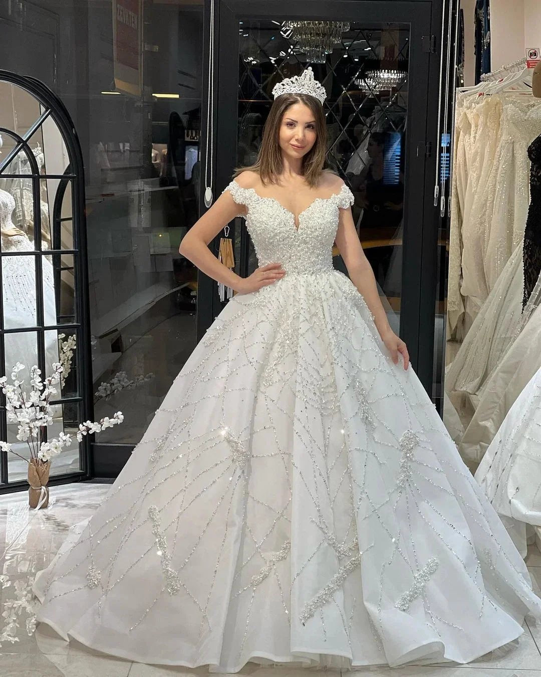 Fabulous Floor Length Sweetheart Off-The-Shoulder A-Line Sequined Wedding Dress with Ruffles