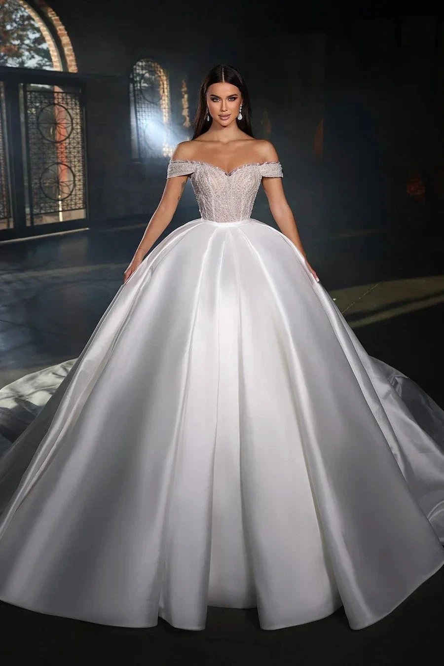 Fabulous Floor Length Sweetheart Sleeveless Off-The-Shoulder A-Line Satin Wedding Dress with Ruffles