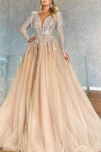 Fabulous Long A-line V-Neck Beading Tulle Prom Dress with Sleeves