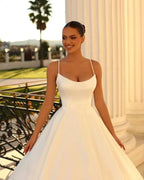 Fabulous Long White A-line Spaghetti Straps Satin Wedding Dress