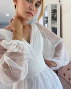 Fabulous Long White A-line V-neck Long Sleeves Glitter Wedding Dress With Slit