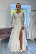 Fabulous Long White A-line V-neck Long Sleeves Glitter Wedding Dress With Slit
