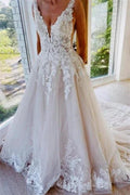 Fashion Backless A-Line V-neck Sleeveless Wedding Dresses With Lace