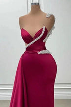 Fashionable Long Burgundy Mermaid One Shoulder Beading Satin Prom Dress