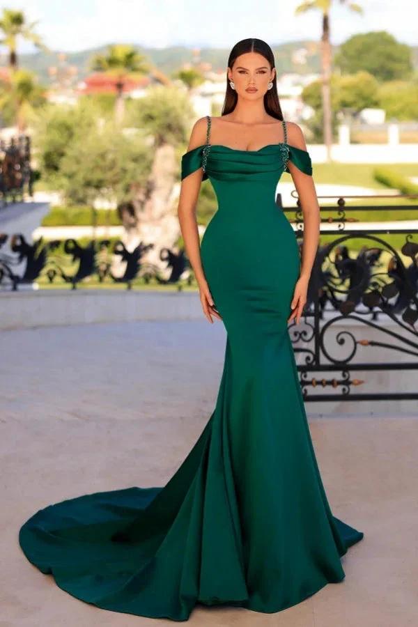 Fashionable Long Dark Green Mermaid Sleeveless Beading Satin Prom Dress