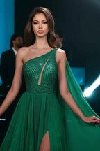 Fashionable Long Emerald A-line One Shoulder Chiffon Beading Prom Dress with Slit