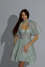 Fashionable Short Silver Glitter Homecoming Dresses with Short Sleeves
