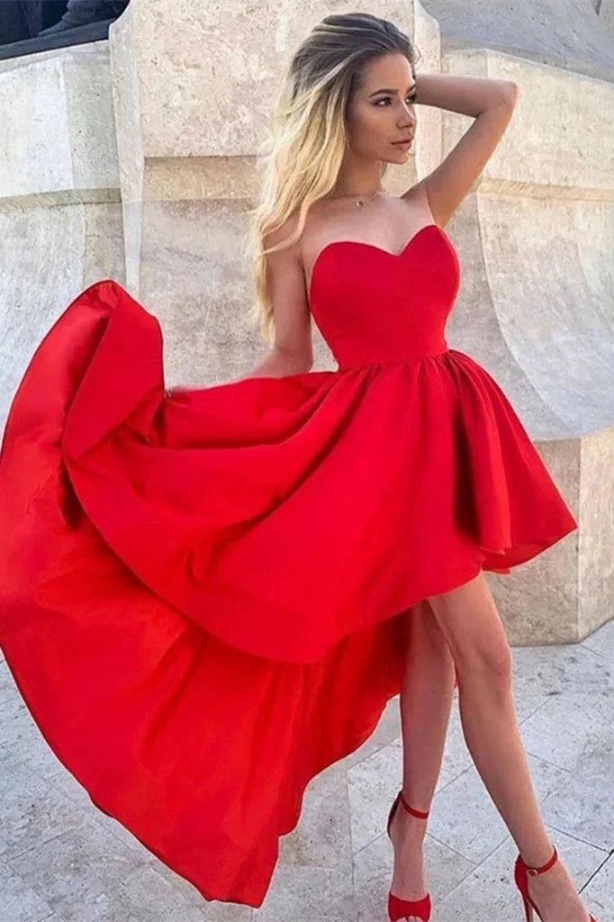 Red High Low Sweetheart Satin Short Prom Dress