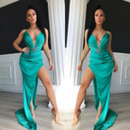 Sexy Long Mermaid V-Neck Satin Evening Prom Dress With Split
