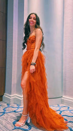 Tiered Tulle Ruffles A-line Sweetheart Long Prom Dresses Evening Dress Y1117