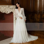 Elegant Glitter Tulle Deep V-Neck Wedding Dresses Princess Shiny Lantern Sleeves Backless A-Line Pleated Bridal Gowns