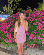 Cute Bodycon Straps Pink Short Sparkly Homecoming Dresses Y1288