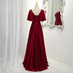 Dark Red Satin A-line Floor Length Evening Dress, Wedding Guest Dresses Y1439