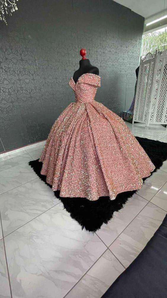 Sparkly Off The Shoulder Sequins Ball Gown Sweet 16 Dress Y1393