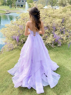 Pink spaghetti straps a line prom dress,layered evening gown,sparkle prom long dress Y1303
