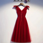 Burgundy v neck tulle short homecoming dress s95