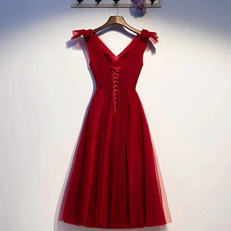 Burgundy v neck tulle short homecoming dress s95