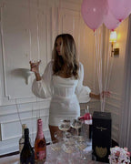 White Birthday Party Dress with Puff Sleeves Sexy Short Homecoming Dress Y1556