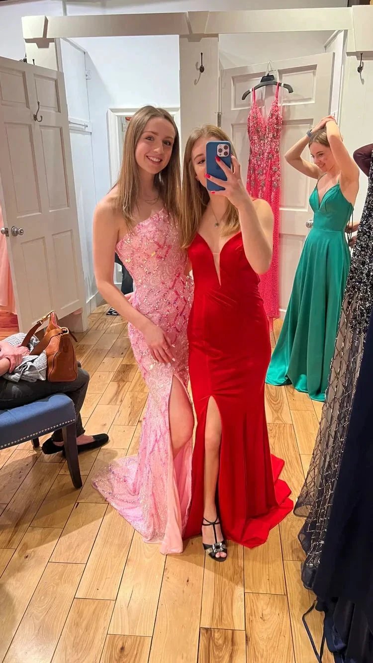 Chic One Shoulder Pink Sequins Evening Dress ,Sparkly Pink Evening Gown Y1633