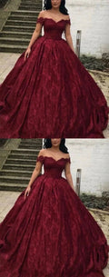 Charming Burgundy Lace Ball Gown Off Shoulder  Wedding Dresses Y1564