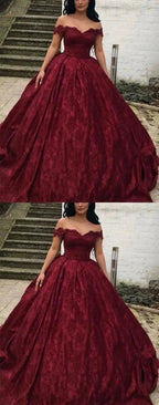 Charming Burgundy Lace Ball Gown Off Shoulder  Wedding Dresses Y1564
