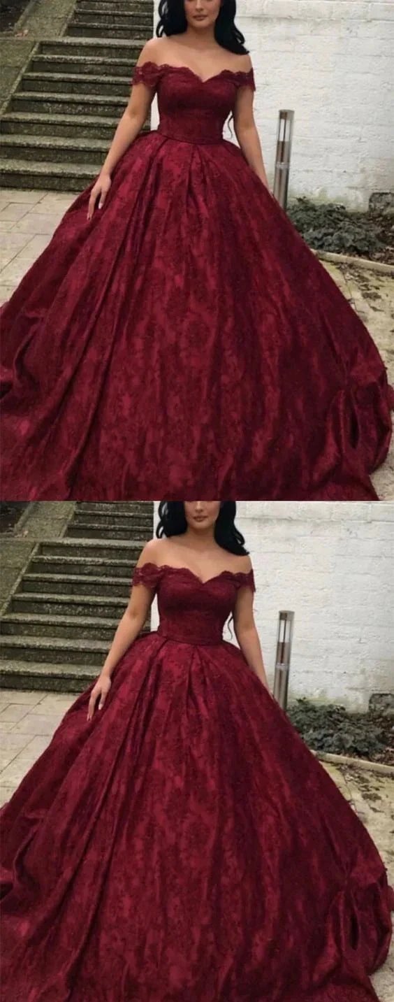 Charming Burgundy Lace Ball Gown Off Shoulder  Wedding Dresses Y1564