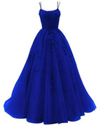 Royal Blue Spaghetti Strap Prom Dress Ball Gown Lace Appliques Wedding Tulle Long Dress Princess Formal Evening Dress Y1905