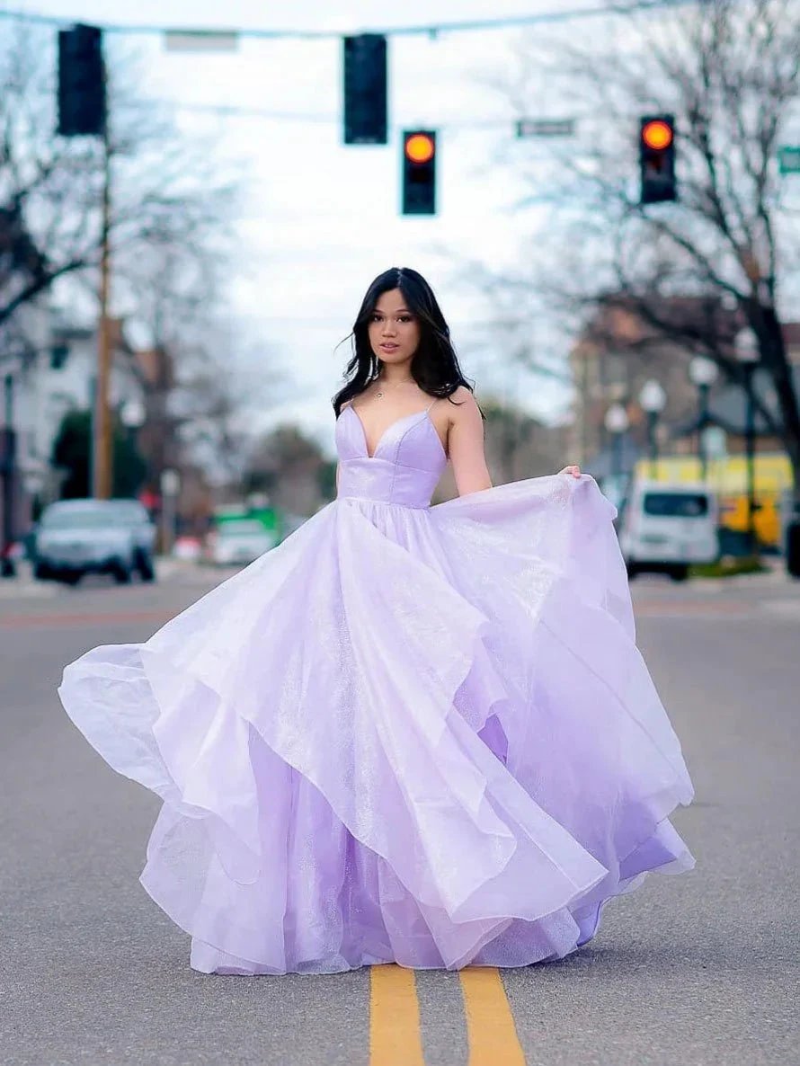 Pink spaghetti straps a line prom dress,layered evening gown,sparkle prom long dress Y1303