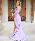 Lilac Off The Shoulder Pleated Side Slit Long Prom Evening Dresses Y1287