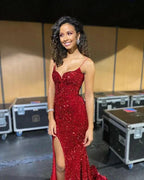 Sparkly Mermaid Sweetheart Red Sequins Long Prom Evening Dresses with Split Y1312