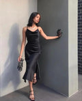 Simple Sheath Cowl Neck Black Tea Length Evening Dresses  Y1322
