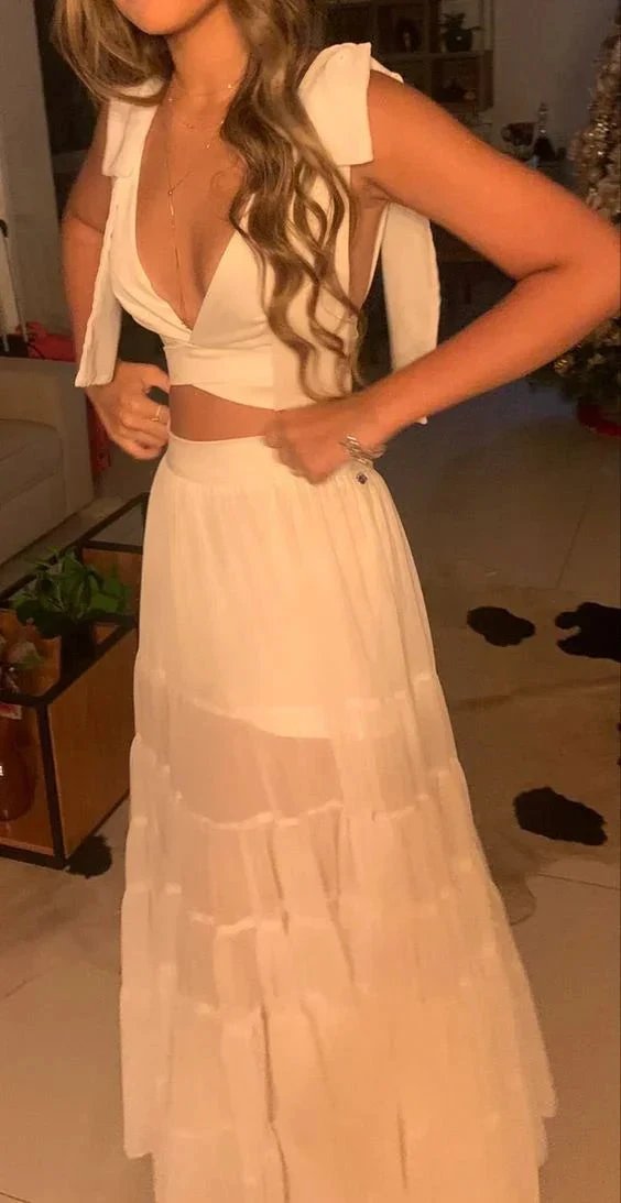 Charming Two Piece White Evening Dress White Wedding Guest Dress Y1326