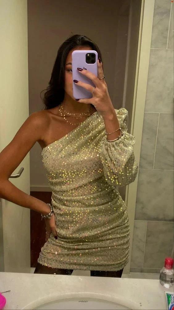 Sparkly One Shoulder Homecoming Dress Cute Party Dress Y1318