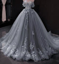 Blue lace applique elegant off the shoulder ball gown Y1578