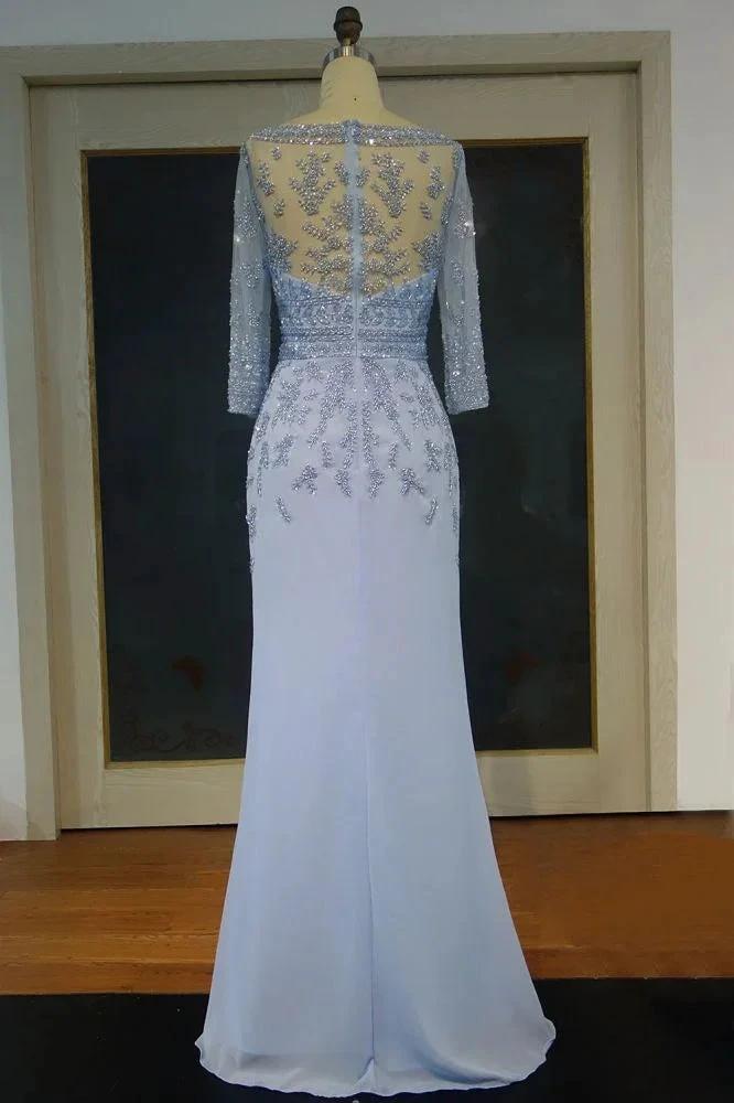 Floor Length A-line Scoop Long Sleeves Sequined Chiffon Prom Dresses