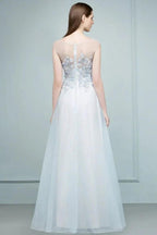 Floor Length A-line Sleeveless Appliqued Flowers Tulle Prom Dresses