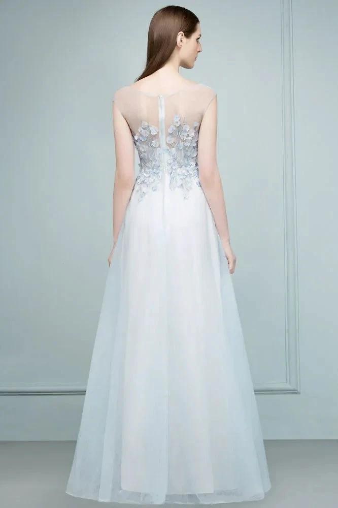 Floor Length A-line Sleeveless Appliqued Flowers Tulle Prom Dresses