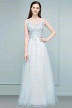 Floor Length A-line Sleeveless Appliqued Flowers Tulle Prom Dresses